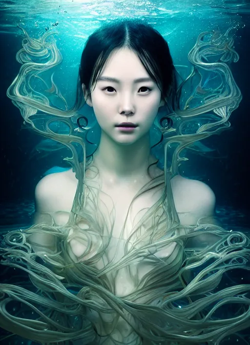 Image similar to an underwater photographic beauty portrait of jingna zhang, cinematic, volumetric lighting, fantasy, intricate, elegant, highly detailed, digital painting, artstation, concept art, smooth, sharp focus, illustration, art by ayami kojima, artgerm and h r giger and alphonse mucha