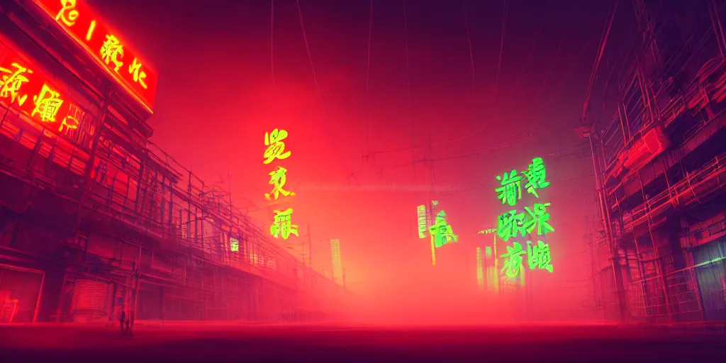 Image similar to a low angle photography of a big giant ominous industrial, futuristic cyberpunk factory at cloudy night with green and orange and red light and pipes and cables with a big chinese character neon sign + with fog + corporation + artstation photorealistic concept art