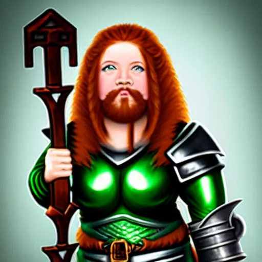 Image similar to dwarven woman, ginger hair, green eyes, holding hammer and shield with plate armour