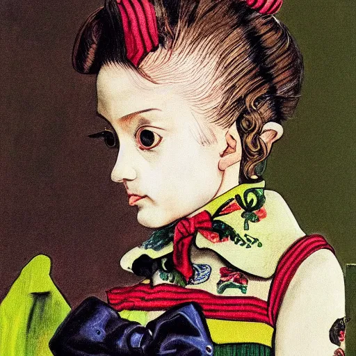 Prompt: little girl wearing an gucci's outfit. art made by hirohiko araki, inspired by balthus, highly detailed, realistic,