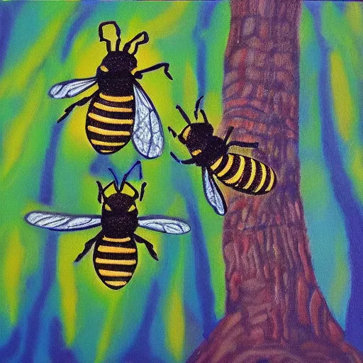 Prompt: bees flying in the woods, acrylic by yelena york