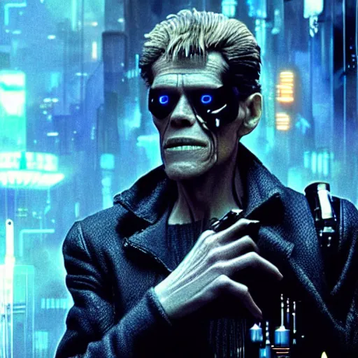 Image similar to william dafoe as a cyborg in a cyberpunk story in a distopic futuristic city in the style of bladerunner, movie still, highly detailed