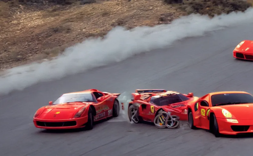 Image similar to film still of a Ferrari and a Porsche drifting in the Cannonball Run movie, 4k