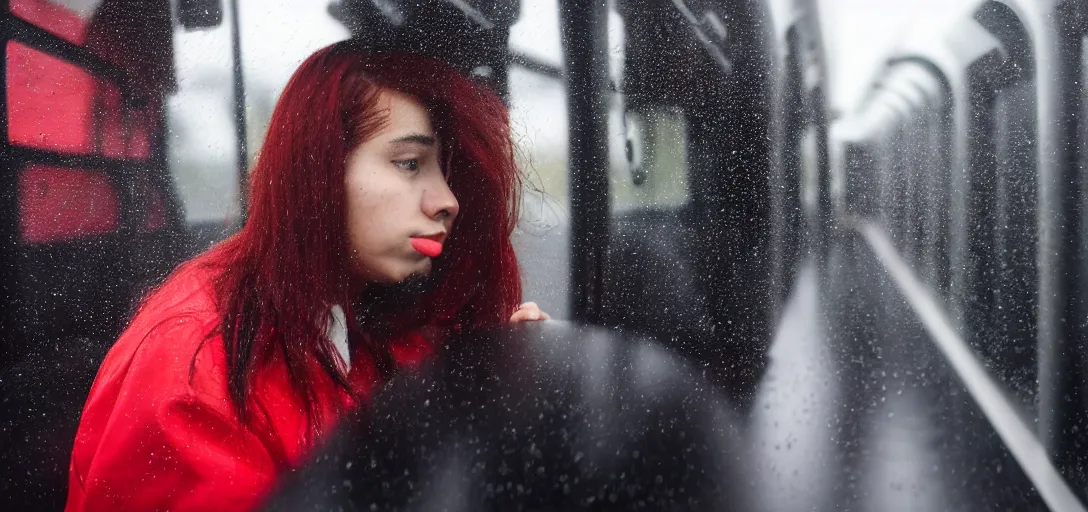 Image similar to Girl with red and black hair riding the bus on a rainy day, 8k photography, wide-shot