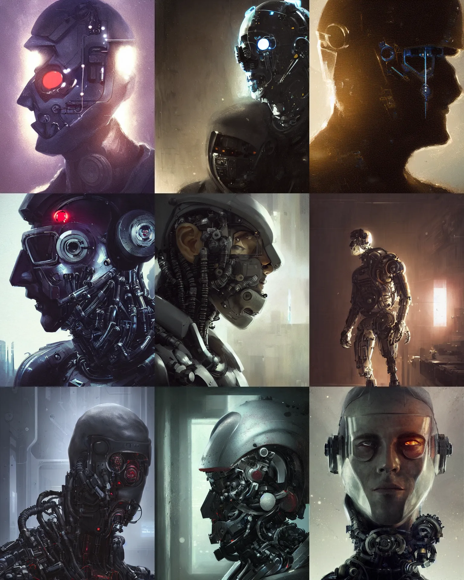 Prompt: a half - masked observant young laboratory engineer man with cybernetic enhancements as seen from a distance, scifi character portrait by greg rutkowski, esuthio, craig mullins, 1 / 4 headshot, cinematic lighting, dystopian scifi gear, gloomy, profile picture, mechanical, half robot, implants, gorepunk