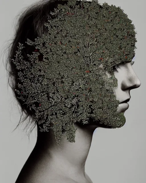 Image similar to a woman's face in profile, covered in intricate decorative ivy, in the style of the dutch masters and gregory crewdson, dark and moody