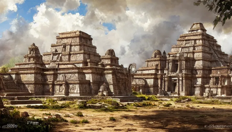 Prompt: excellent painted Aztec temples somewhere in Mexico with fluffy clouds, painted by Hans Fredrik Gude, Greg Rutkowksi, Craig Mullins and Artgerm, masterpiece, 4k, ultra realistic highly detailed oil painting