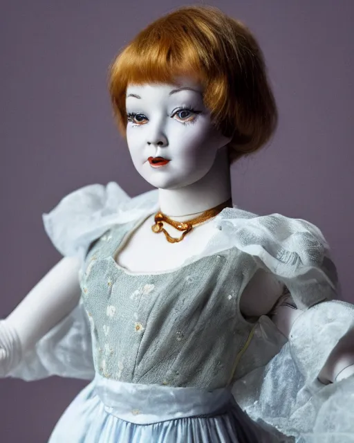 Image similar to high quality presentation photo of young Shirley MacLaine as a porcelain doll, photography 4k, f1.8 anamorphic, bokeh, 4k, Canon, Nikon