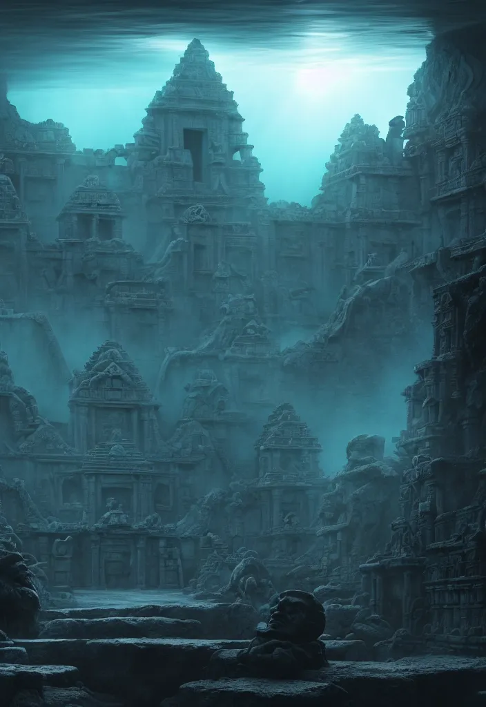 Image similar to low ultrawide shot, dark, underwater statues, submerged pre - incan temple with carvings, abyss, stylized, anime style mixed with fujifilm, detailed gouache paintings, crepuscular rays, dark, murky, foggy, atmospheric, artstation, cgsociety, unreal engine 5, octane render