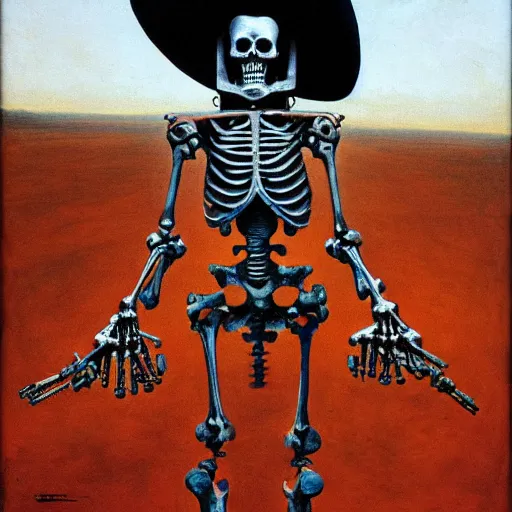 Prompt: robot cowboy skeleton with 4 arms, holding 4 guns, highly detailed beksinski art