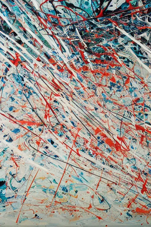 Prompt: sunrise over a japanese shrine by pollock and julie mehretu, abstract art, paint drops and lines, hyper detailed, rough white canvas