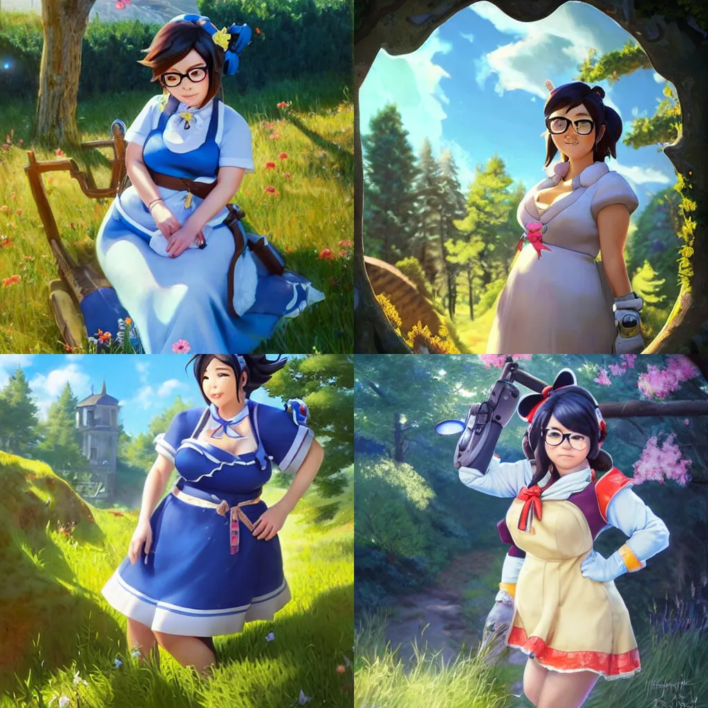 Prompt: mei from overwatch wearing a beautiful summer dress in the countryside, beautiful scene, hyperrealistic, intricate, summer day, sunlight, cheerful, soft lighting, detailed, chubby, by greg staples and jeff easley - h 6 4 0