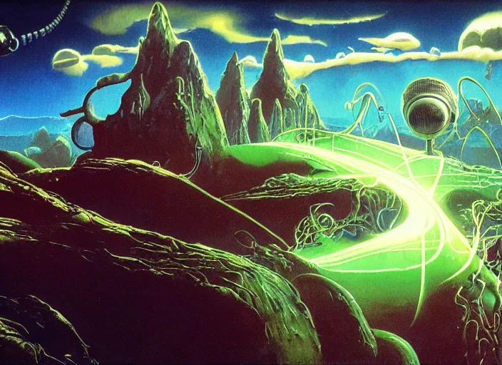 Prompt: close up photograph of a strange surrealist detailed alien electronic-wind-tesla-coil-musical-instrument!!, designed by pixar!!, in the background is a bryce 3d surrealist landscape biome, hyper detailed, photorealistic, John Howe, Peter Andrew Jones, Blacklight fantasy poster, 90s videogame screenshot, 8k, hd