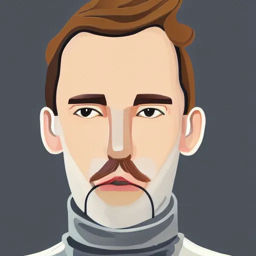 Image similar to gangly man with short blond brown wavy hair, blond brown stubble beard, no mustache, English heritage, grey eyes, middle aged, wearing a turtleneck and jacket, pale skin, narrow face, digital art, painterly, cartoon, cute, 8k, illustration, art by loish, painterly, trending on artstation, medium shot, uncropped