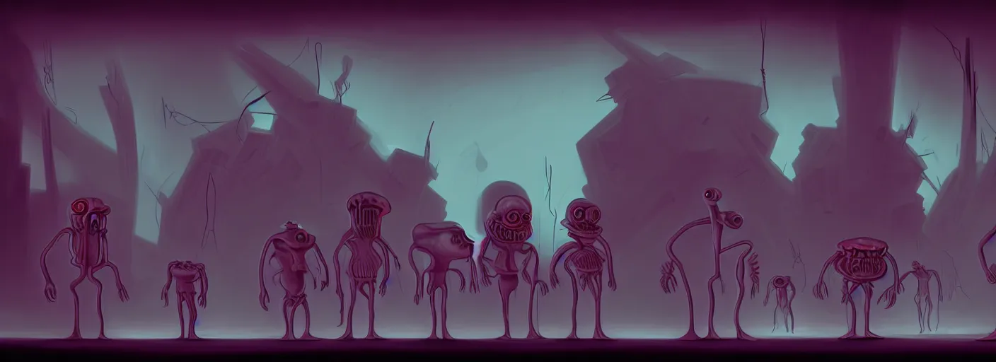 Prompt: uncanny repressed mutants from the depths of a vast wasteland in the collective unconscious, dramatic lighting, surreal dark 1 9 3 0 s fleischer cartoon characters, shallow dof, surreal painting by ronny khalil