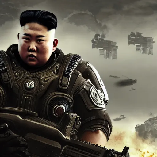 Image similar to kim - jong un in gears of war, splash art, movie still, detailed face, cinematic lighting, dramatic, octane render, long lens, shallow depth of field, bokeh, anamorphic lens flare, 8 k, hyper detailed, 3 5 mm film grain