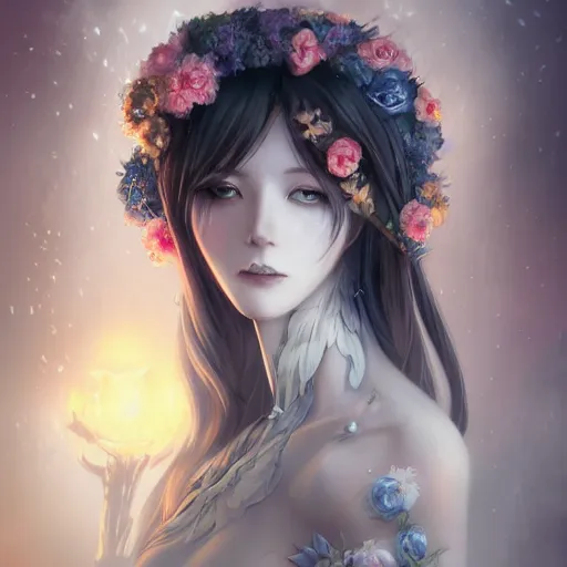 Prompt: Stunning Anime Goddess part skeleton of the floral river flowers, Kissing her king in a dark romance, misty, by cgsociety, in the style of Charlie Bowater, Tom Bagshaw, intricate, beautiful, artstation 8k, high resolution