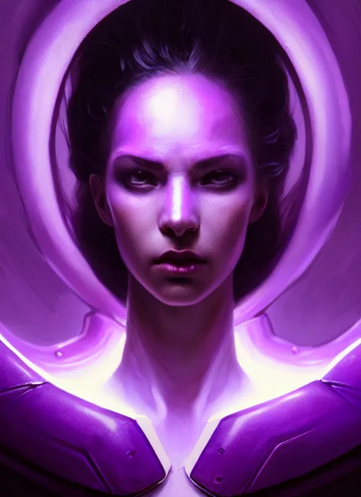 Image similar to top down lighting, extreme close up, stunning portrait of a woman in purple leather future armor with a long black ponytail, purple eye, glowing with void energy, spaceship hallway, intricate, mood lighting, highly detailed, digital painting, artstation, concept art, smooth, sharp focus, illustration, art by wlop, mars ravelo and greg rutkowski