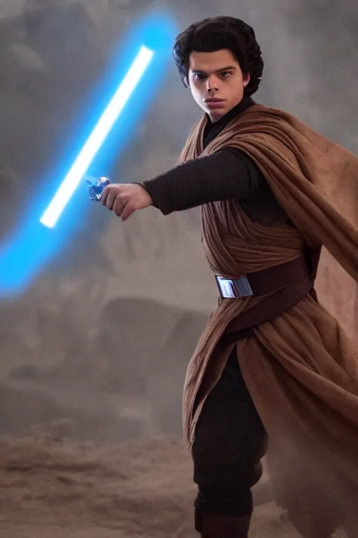 Image similar to jake t. austin as a sith in star wars the rise of skywalker, 3 5 mm photography, highly detailed, cinematic lighting, standing pose, holding lightsaber 4 k