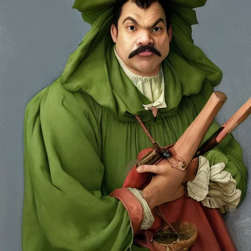 Image similar to hyper realistic, realistic - anime, portrait, beautifully rendered, italian garb from 1 9 th century, caricature, luis guzman as luigi wearing green, smirking deviously, luigi, luigi's nose, painted by jan van eyck, albrecht durer, gustave courbet, greg rutkowski, wlop, artgerm, dishonored 2,