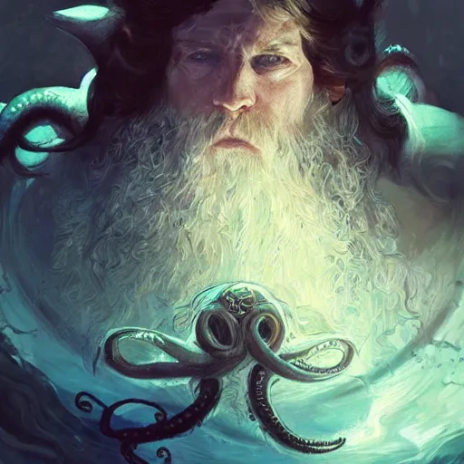 Prompt: A portrait of a cleric of Cthulu with short dark hair and a trimmed beard, as dark magic emanates from his necklace tentacles spur from the water, digital art by Ruan Jia