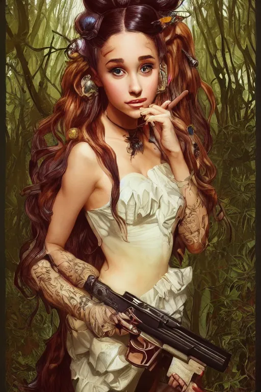 Image similar to demonic cottagecore Ariana Grande holding a shotgun, demonic Hair, magical forest, intricate, elegant, highly detailed, digital painting, artstation, concept art, smooth, sharp, focus, illustration, art by artgerm and greg rutkowski and alphonse mucha