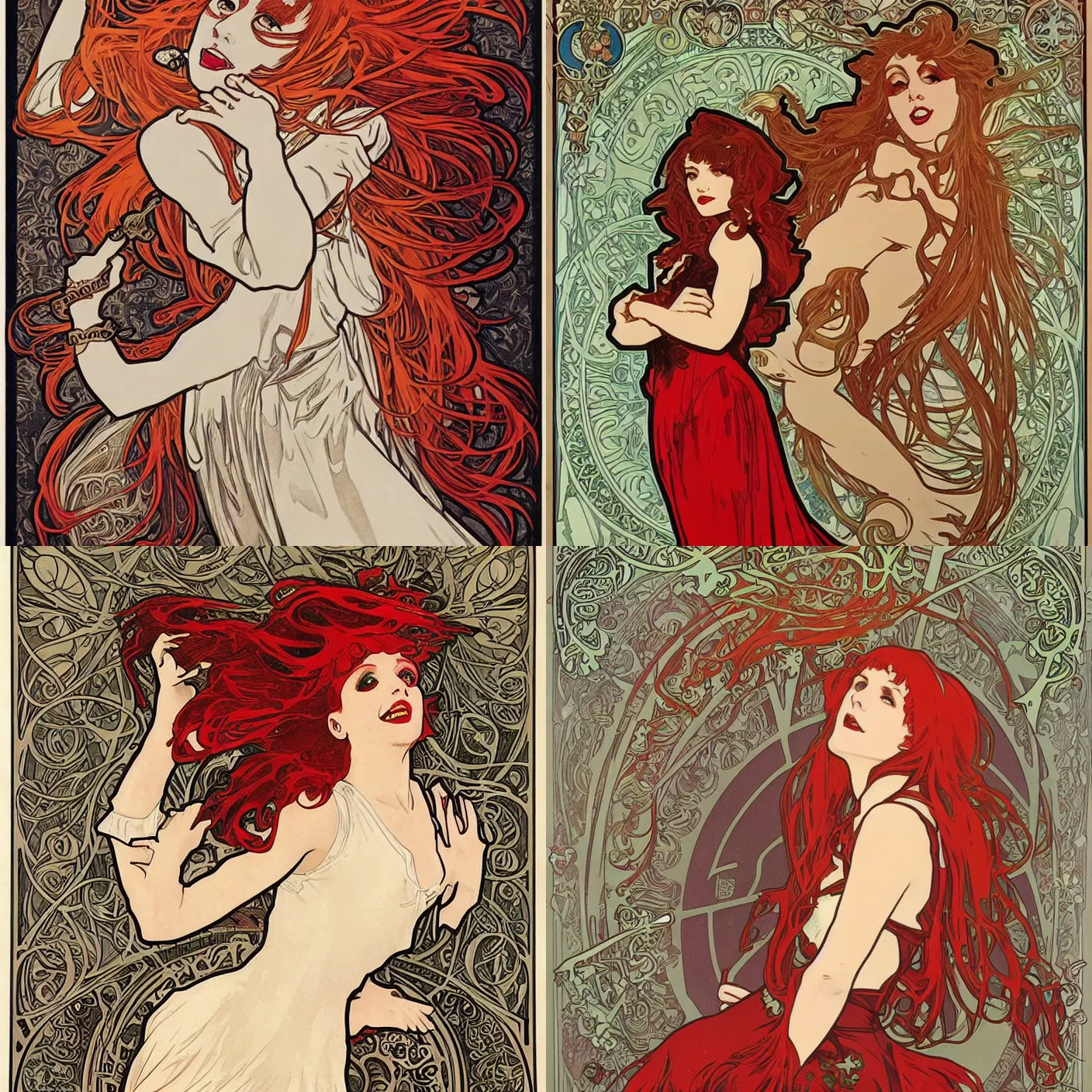 Prompt: Alphonse Mucha, art nouveau, cardstock, pretty female Hayley Williams Paramore, vampire, fully red eyes, sharp teeth smile, victorian dress, long red hair, full body action pose