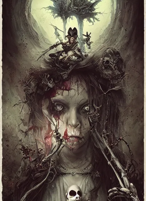 Image similar to alice in wonderland death tarot card, highly detailed, half skull face, cinematic, 8 k, by stanley artgermm, tom bagshaw, greg rutkowski, carne griffiths, ayami kojima, beksinski, giger, trending on deviantart, hyper detailed, horror, full of colour