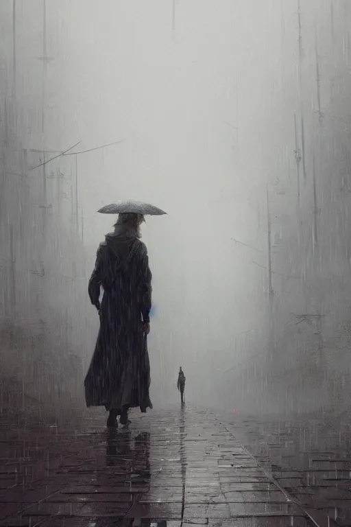 Image similar to Walking in the rain alone, illustrated by Greg Rutkowski and Caspar David Friedrich., Trending on artstation, artstationHD, artstationHQ, 4k, 8k