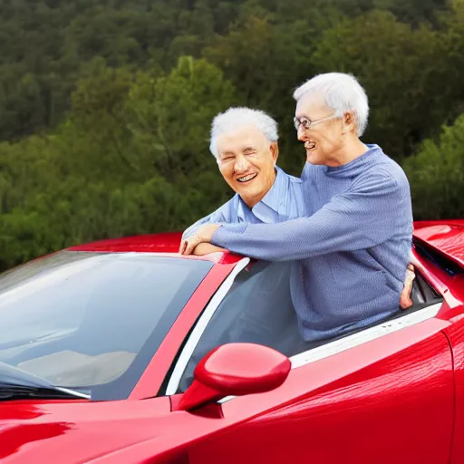 Image similar to 0 8 s photo of elder couple, pose like the new sweet lover in the paddle field with red super car, photo realistic, high - detail,