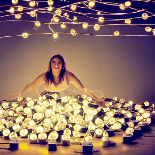 Image similar to a huge pile of light bulbs and a beautiful woman on top of it