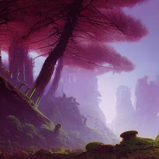 Image similar to A lovely picture of an alien landscape with mycelium aliens by John Berkey, by George Inness, by john Harris, forest made out of mushroom, purple and red and white gradient colour theme, trending on DeviantArt, rendered in blender, 8k resolution, Mountains, no green