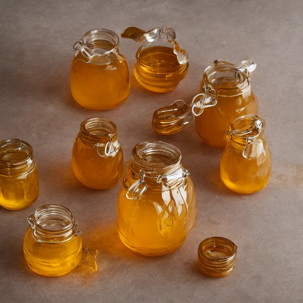 Prompt: klein bottle honey jar, product photography, beautiful studio photography, golden glowing honey