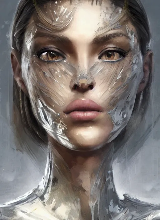 Image similar to a professional painting of a beautiful young female, clothed in military armor, olive skin, long dark hair, beautiful bone structure, symmetrical facial features, intricate, elegant, digital painting, concept art, smooth, sharp focus, illustration, from Metal Gear, by Ruan Jia and Mandy Jurgens and Artgerm and William-Adolphe Bouguerea