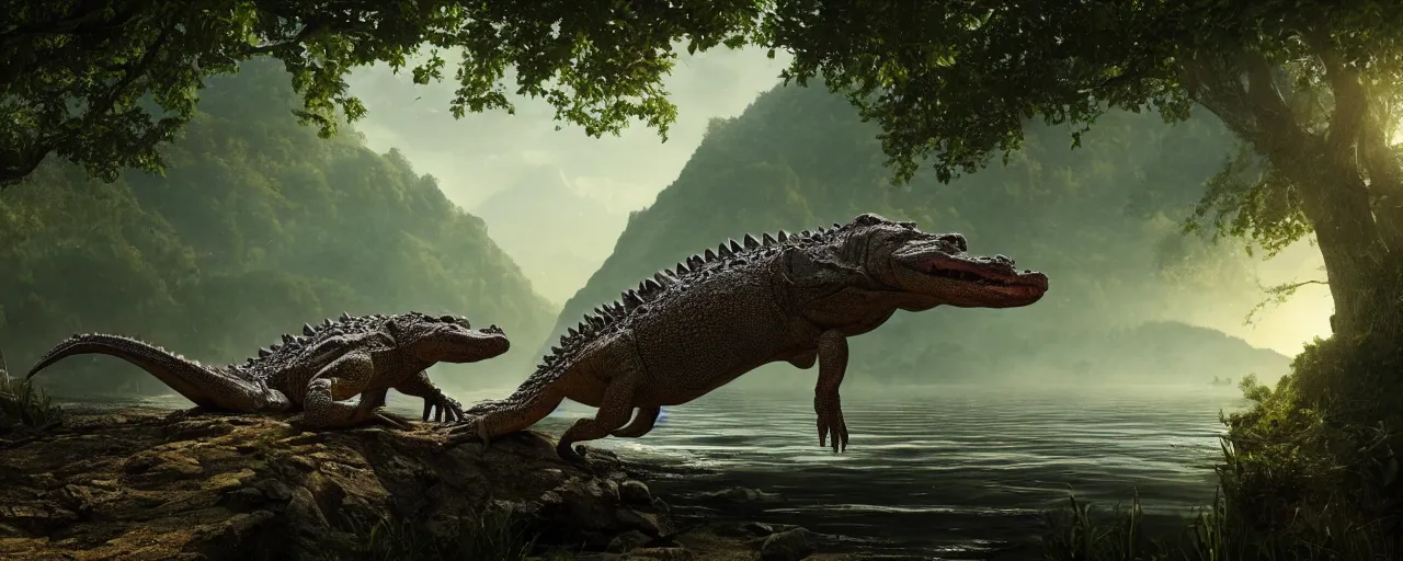 Image similar to crocodile next to river, beautiful dynamic lighting, cinematic, wide angle establishing shot, extremely high detail, photo realistic, cinematic lighting, post processed, concept art, artstation, matte painting, style by frederic church, raphael lacoste, unreal engine 8 k