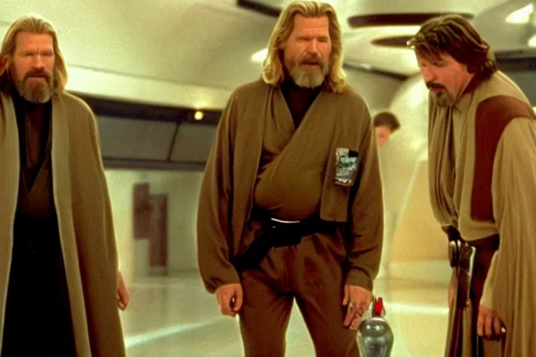 Image similar to a shot looking down a bowling lane of Jeff Bridges The Big Lebowski as a Jedi Bowling in Star Wars