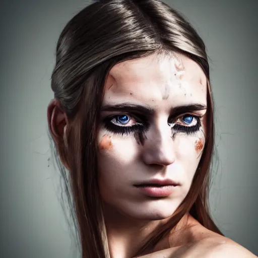 Prompt: minimalist photography portrait of a germanic pagan woman, sad, crying, tear, early middle ages, gash, symmetrical, super close up, mid thirties, cute round slanted eyes, caucasian, wide nostrils, high cheekbones, full cheeks, high flat eyebrows, ethereal essence, leica 1 0 0 mm f 0. 8