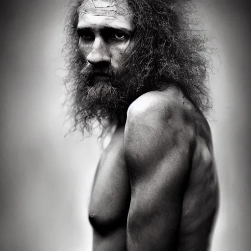 Prompt: Award Winning detailed reportage full-body Portrait of a Early-medieval Russian with incredible hair and beautiful eyes wearing animal skin by Lee Jeffries, 85mm ND 5, perfect lighting, gelatin silver process