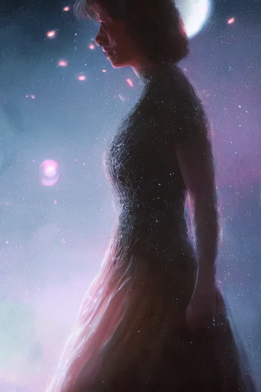 Image similar to a woman, wearing a dress made of stars, volumetric lighting, planets in the background, smooth, sharp focus, very detailed, by greg rutkowski, artstation, tom badshaw, 8 k, symmetrical face