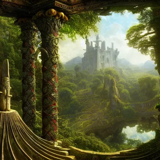 Image similar to a beautiful and highly detailed matte painting of an epic palace in a lush garden in a beautiful forest, carved celtic stone runes, psychedelic colors, intricate details, epic scale, insanely complex, hyperdetailed, artstation, cgsociety, 8 k, sharp focus, hyperrealism, by caspar friedrich, albert bierstadt, james gurney, brian froud,