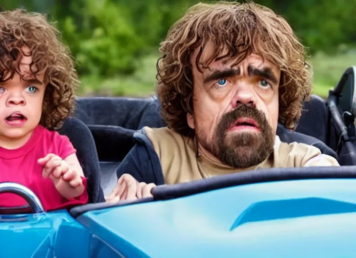 Prompt: peter dinklage driving a little tikes cozy coupe, movie still, from the new fast and furious movie, 8 k, realistic