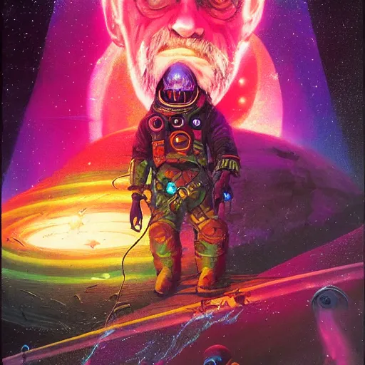 Prompt: epic illustration of Christopher Lloyd as a space wizard by Paul Lehr, detailed, space opera, screen print