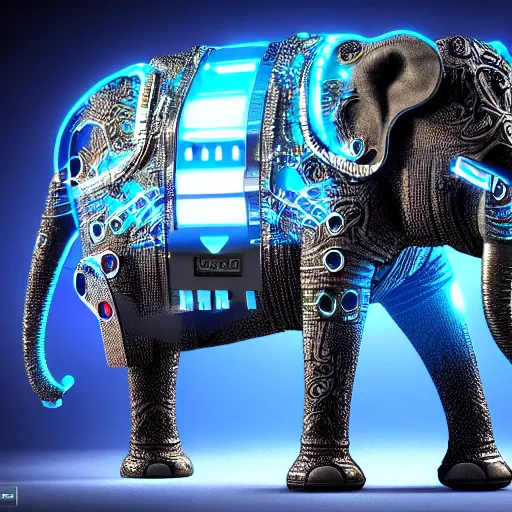 Prompt: hyper realistic cybertronic elephant. high details of body and face. complex aetheral mechanical body. blue led. cyberpunk style, intricate, trending on art station, 8 k render.