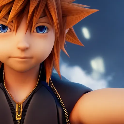 Image similar to sora from kingdom hearts, octane render, tetsuya nomura, 4k, trending on artstation, cgi, portrait, highly detailed face,