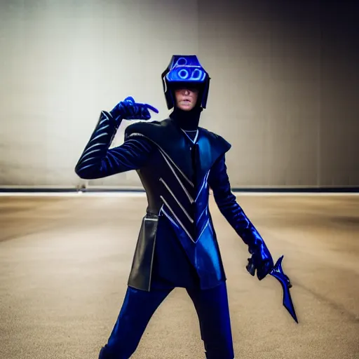 Image similar to low angle shot of austin Butler dressed in dark-blue-futuristic-baroque duelist-garb and carbon-armor, standing in an arena, XF IQ4, f/1.4, ISO 200, 1/160s, 8K, RAW, unedited, symmetrical balance, face in-frame