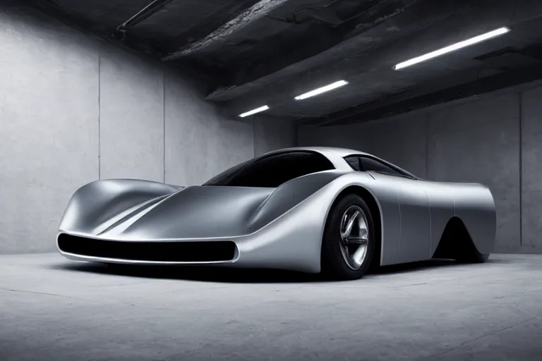 Image similar to A futuristic super-car made of a slick grey scaled metal, professional garage photograph.