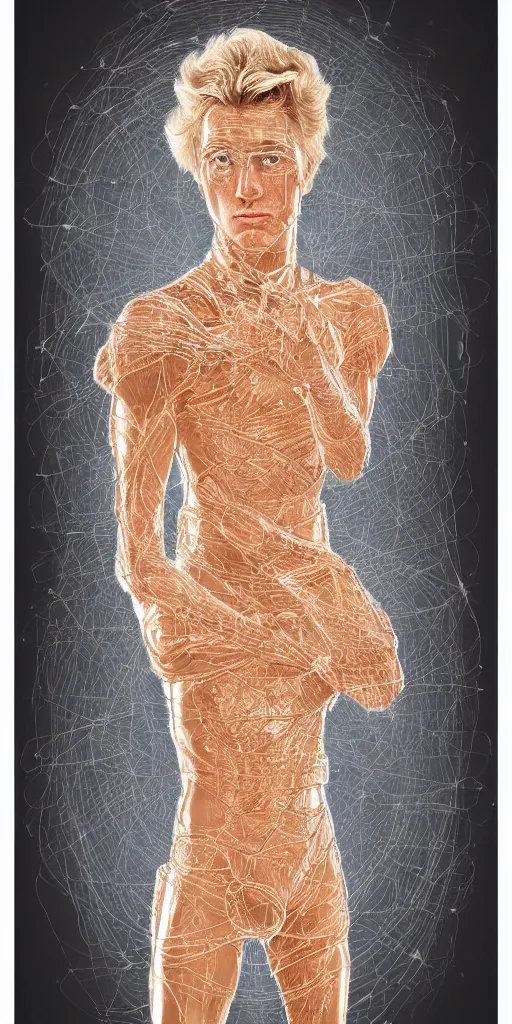Image similar to whole undistorted human body with thin golden lines transparent crystals and _ textiles pinup _ poster _ of _ the _ pale _ blond _ androgynous soldier lucius _ by j c