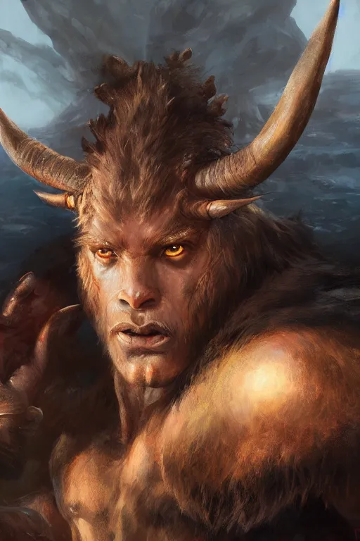 Image similar to dungeons and dragons minotaur character closeup portrait, dramatic light, lake background, 2 0 0 mm focal length, painted by stanley lau, painted by greg rutkowski, painted by stanley artgerm, digital art, trending on artstation