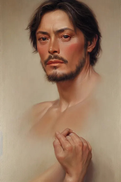 Image similar to portrait en buste alain delon by mark arian, by hughes merle, by pierre auguste cot, perfectly detailed eyes oil on canvas, masterpiece, realism,