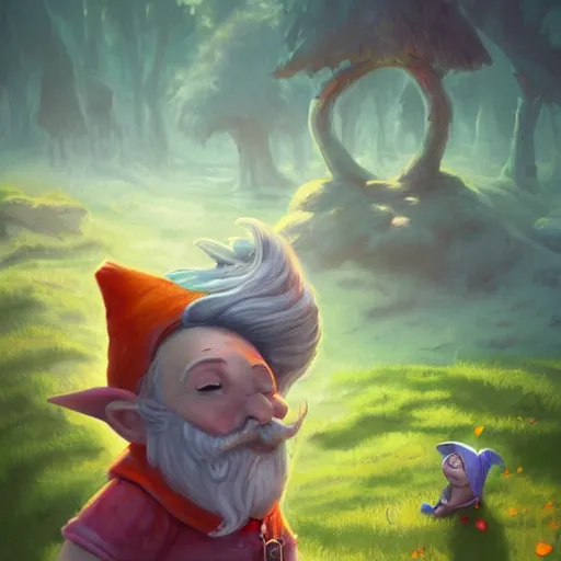 Prompt: a gnome looking for a new adventure in a colorful fantasy world, digital art, irina french, heraldo ortega, mandy jurgens 8 k 1 5 0 mpx